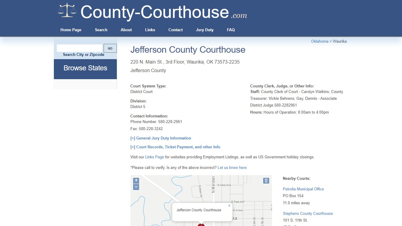 Jefferson County Courthouse in Waurika, OK - Court Information